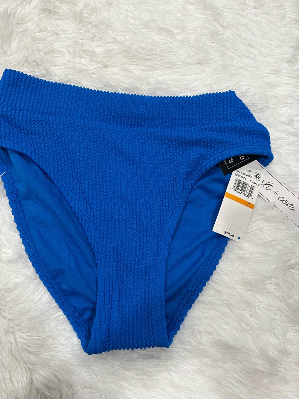 Blue Textured High-Waist Bikini Bottom